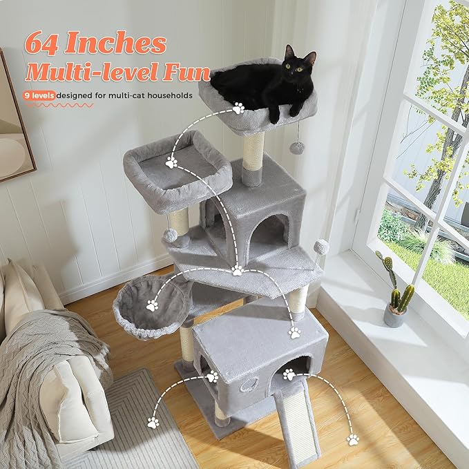 64-Inch Large Cat Tree for Indoor Cats, Multi-Level Tall Cat Tower with 2 Soft Top Perches, 2 Caves, 5 Sisal Scratching Posts, 2-in-1 Scratching Ramp, 1 Hammock & 3 Pompoms, Grey
