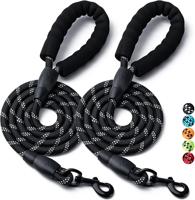 2 Pack Dog Leash, 4/5//6 FT Heavy Duty Nylon Rope Pet Leashes with Comfortable Padded Handle, Reflective Dog Leashes for Small Medium and Large Dogs (5FT-3/8,Black/Black)
