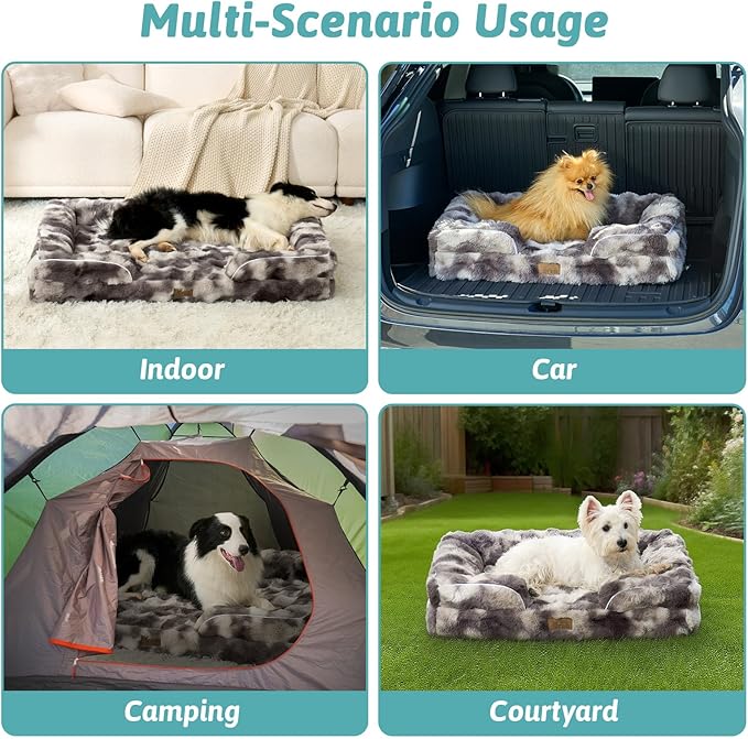 Orthopedic Dog Bed for Large Medium Size Dog, Soft and Warm Faux Fur Sofa for Pet Up to 75 lbs, Foam Bolster Anti-Slip Couch with Washable Removable Cover, L 36x27x6.5 inch, Tie Dye Grey