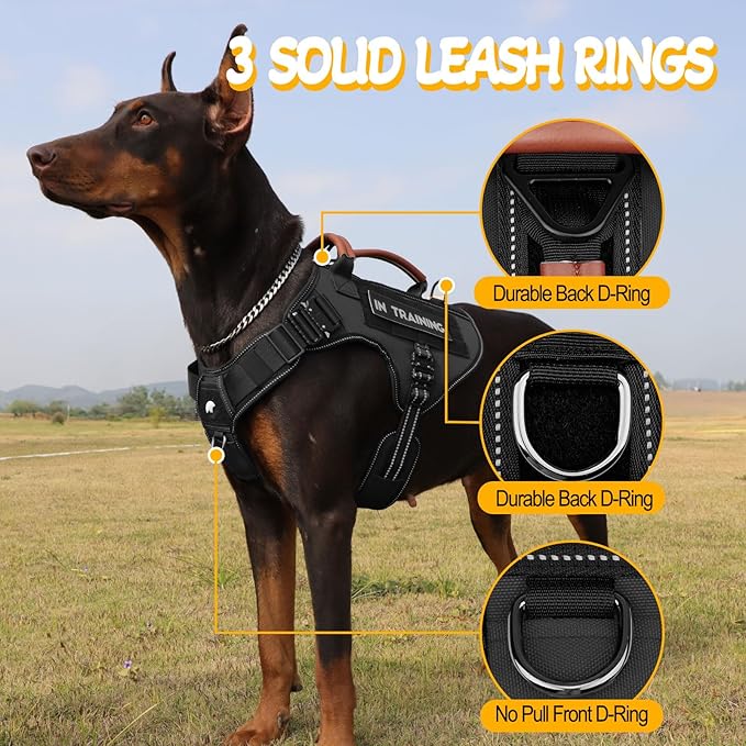 Service Dog Vest - HEYCAHVA Tactical Dog Harness Full Metal Buckles Dog Vest for Large Medium Dog Reflective No Pull Dog Harnesses with Leather Handle, Hook & Loop for Hiking Training (Black, XL)
