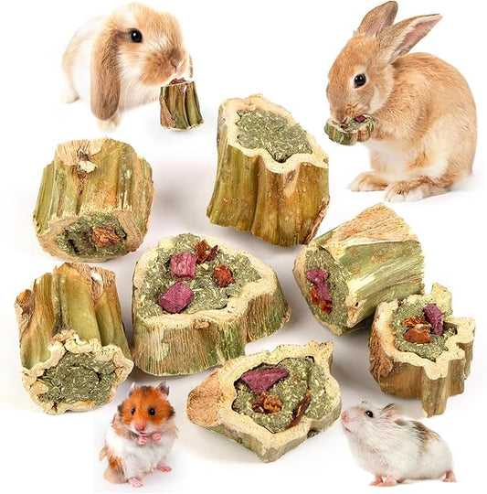 Abizoo Rabbit Chew Toys for Bunny Natural Papaya Wood Chew Treats with Organic Alfalfa Hay, Dried Carrot, Apple and Sweet Potato for Rabbits Guinea Pigs Hamsters Chinchillas Gerbils(3.5oz/100g)