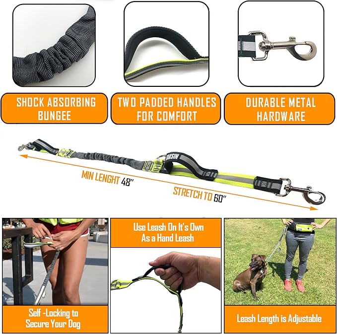 TAKSIN The Ultimate Hands Free Two Dogs Double Leash System for Walking Running Hiking Training, Reflective Bungee Leash, Treat Holder, Poop Bag Dispenser Small Medium Large Dogs (Yellow Deluxe Pack)