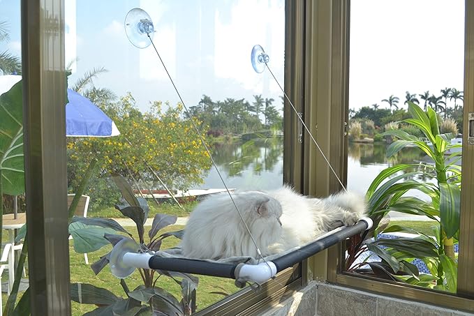 Cat Window Hammock – Mess-Free Waterproof Cats Window Perch for Large Cats, Strong Suction Cup Hammock with Flannel Cover, Indoor Cat Seat, Black