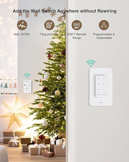 Remote Control Outlet Wireless Wall Mounted Light Switch, 3 Independent Control Outlets, 200FT RF Range, Mini Outlet Plug, 15A/1875W High-Power for Lamps, Lights, Household Appliances, ETL Listed