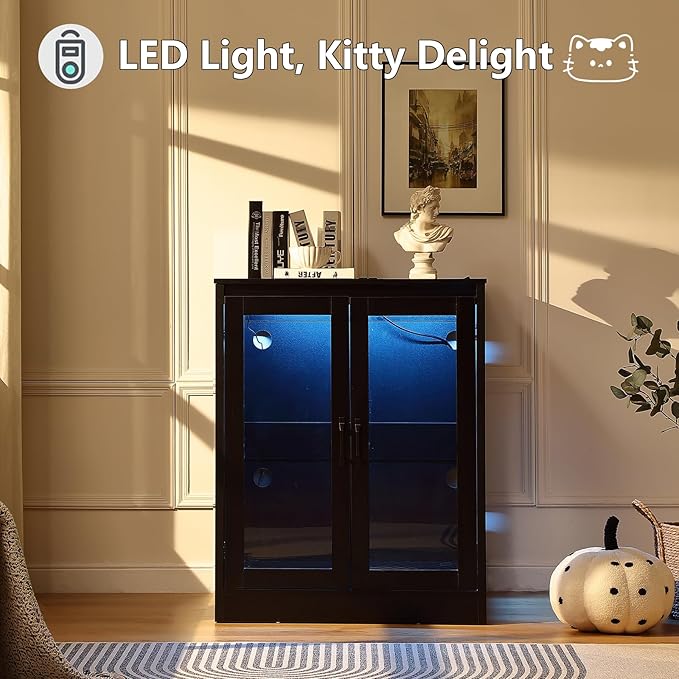 Cat Litter Enclosure with Cat-Observant Glass Doors,Litter Box Cabinet with Cozy LED for Cats,Reversible and Optional Entry(Left or Right),Power Outlet for More Choice,Black
