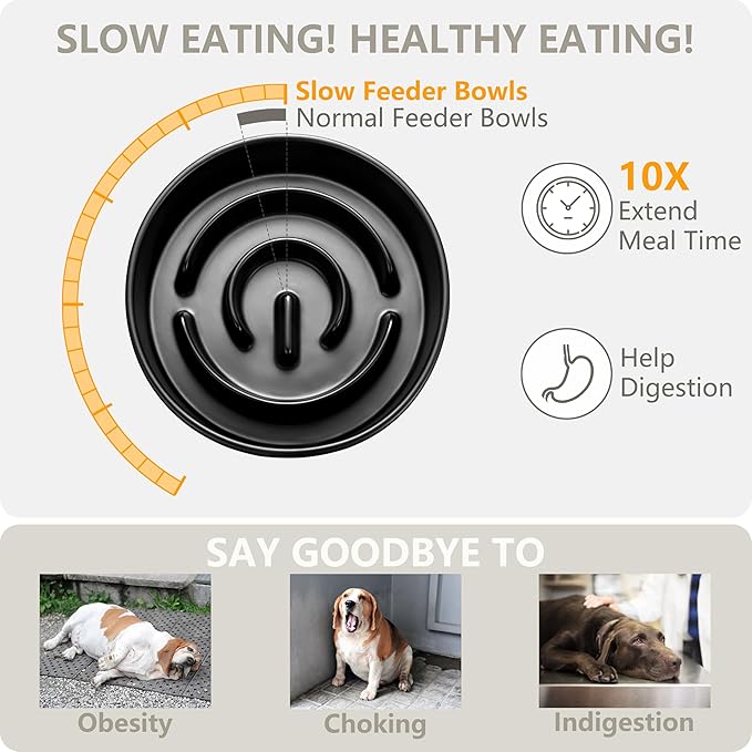 Ceramic Slow Feeder and Water Bowl Set for Medium and Large Dogs, 8.0inch Ceramic Dog Bowls Elevated with Wooden Stand, 2.0 Cups Dog Slow Feeder(30oz) and 70oz Water Bowl Set, Black