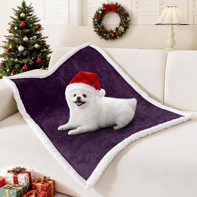 Smiry Waterproof Blanket Throw for Large Dogs Cats, Soft Reversible Dog Blanket for Sofa Couch Bed, Washable Leakproof Sherpa Fleece Furniture Couch Protector(30"x40", Dark Purple/White)