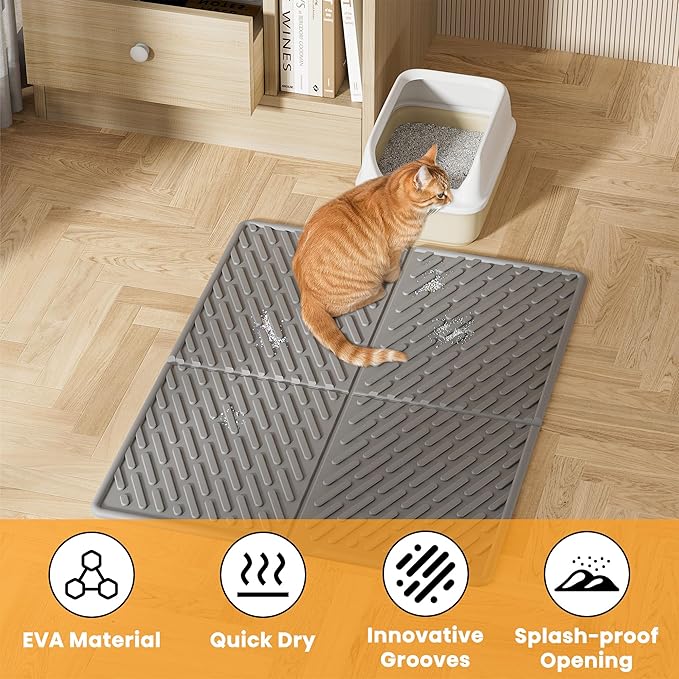 Pieviev Cat Litter Box Mat, 31"x 24" EVA Scratch Resistant Litter Trapping Mat, Easy Clean for Scatter Control, Soft on Kitty Paws, Waterproof & Urine Proof for Indoor Use, Gray