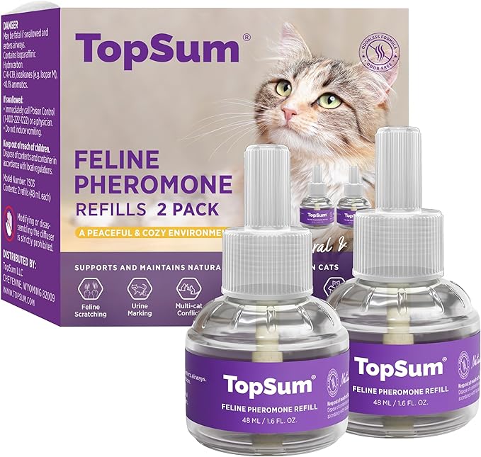 TopSum Cat Calming Diffuser Refill: 2 Refills Cat Pheromones Calming Diffuser Refill – Helps Reduce Scratching Peeing Meowing Hiding Urine Marking Aggression