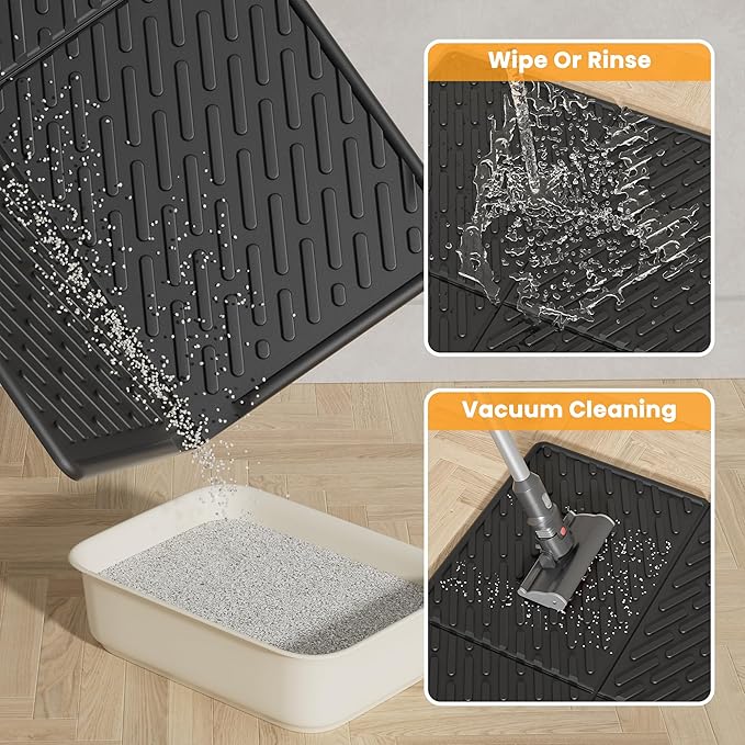 Pieviev Cat Litter Box Mat, 31"x 24" EVA Scratch Resistant Litter Trapping Mat, Easy Clean for Scatter Control, Soft on Kitty Paws, Waterproof & Urine Proof for Indoor Use, Black