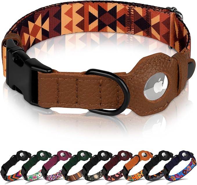 AirTag Dog Collar with Metal Buckle - Printed Nylon Soft Leather Dog Collar with Apple AirTag Holder - Secure Tracking GPS Pet Collars for Girl Boy Small Large Dogs (L, 17"-21" Neck Fit, Tribal)