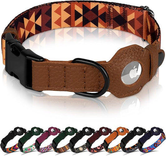 AirTag Dog Collar with Metal Buckle - Printed Nylon Soft Leather Dog Collar with Apple AirTag Holder - Secure Tracking GPS Pet Collars for Girl Boy Small Large Dogs (S, 12"-15" Neck Fit, Tribal)