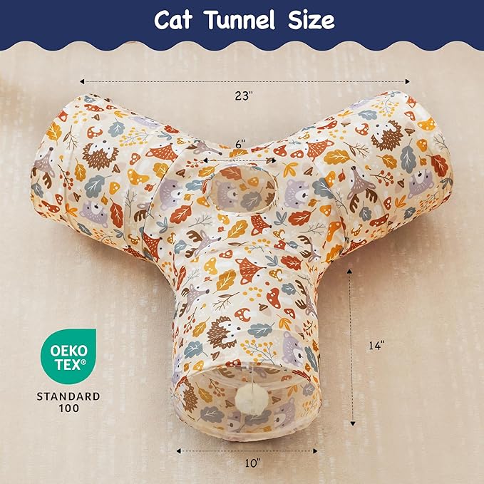 Tempcore Pet Cat Tunnel Tube Cat Toys 3 Way Collapsible, Cat Tunnels for Indoor Cats，Kitty Tunnel Bored Pet Toys Peek Hole Toy Ball Puppy, Kitty, Kitten, Rabbit Beige Deer