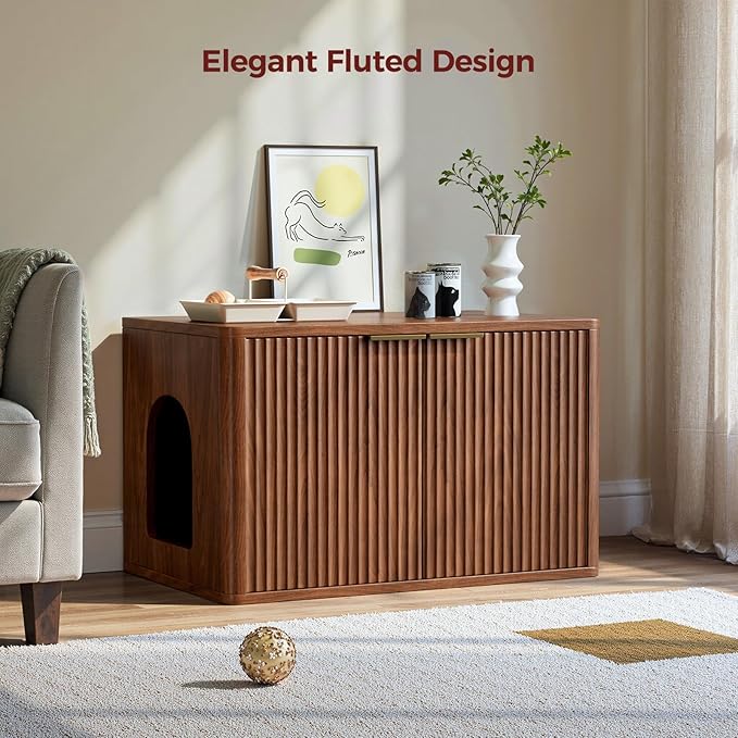 Evermagin 31.5" Walnut Cat Litter Box Enclosure Furniture, Large Hidden Litter Box Cabinet, Entry Can Install Left/Right, Mid Century Modern Fluted Kitty End Table for Living Room, Entryway, Bedroom