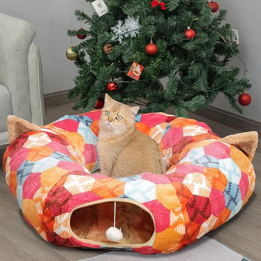 AUOON Cute Cat Donut Tunnel - Interactive Cat Tunnel Bed for Indoor Cats Kitten Kitty Puppy Rabbit Ferret (Orange)