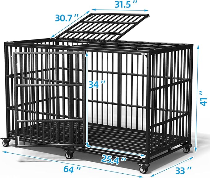 64" Heavy Duty Dog Crate Indestructible Dog Pet Kennel Cage for Extra Large Giant Breeds Double Doors Locakable Wheels High Anxiety Escape Proof Pet Dog Playpen