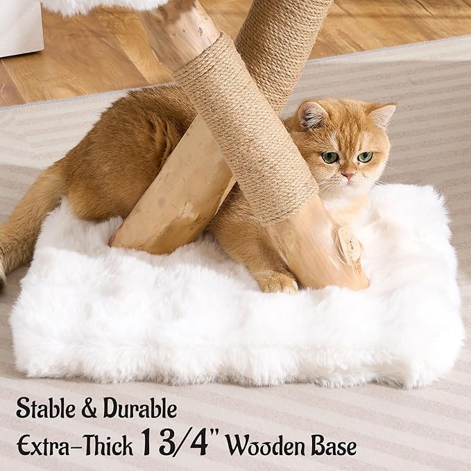 Natural Wood Cat Tree for Indoor Cats Adults, 33in Modern Cat Tree Tower with Super Soft Plush Cat Bed & Perch, Sisal Scratching Posts and Hanging Plush Ball, Ivory White