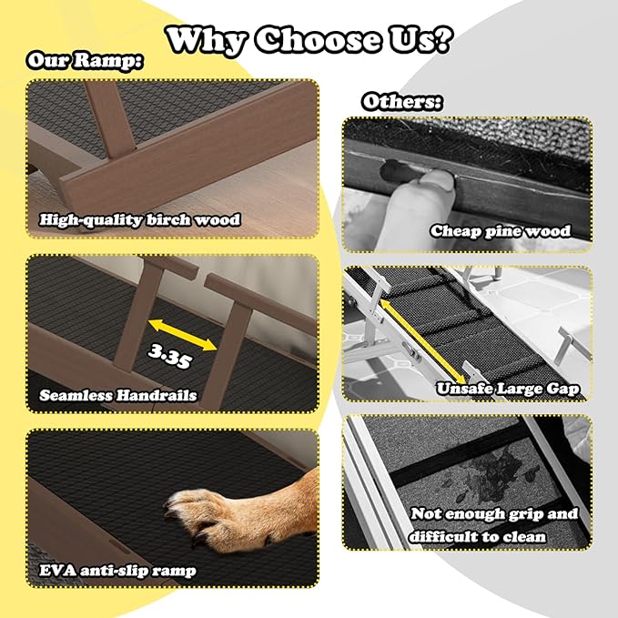 25" Height Dog Ramp for Bed, 73" Long Large Pet Ramp with Non-Slip Surface, Wooden Dog Ramp with Removable Rail & Rest Platform, Also as Dog Stairs for Small Senior Dogs with Glow Strips, Brown