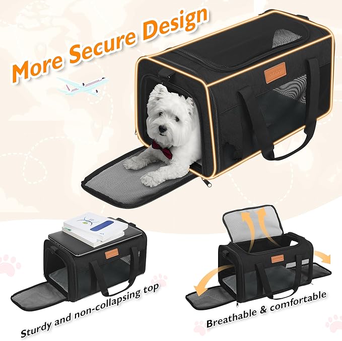 PETUX Cat Travel Carrier with Litter Box - 17"x11"x9.5", TSA Airline Approved, Underseat, Soft Sided Pet Carrier for Small Cats Under 12 lb with Safety Zipper, Anti-Scratch Mesh - Black