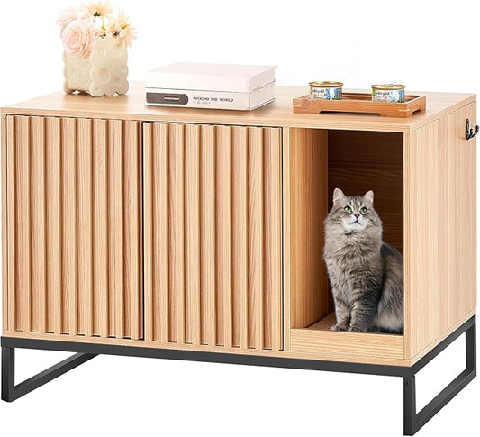 VEVOR Cat Litter Box Enclosure, Hidden Litter Box Furniture, Wooden Cat Washroom Indoor with 2 Doors & Sturdy Metal Legs, Cat House Cabinet Hidden Fit Most Litter Box, 31.5"L x 20"W x 22"H, Brown