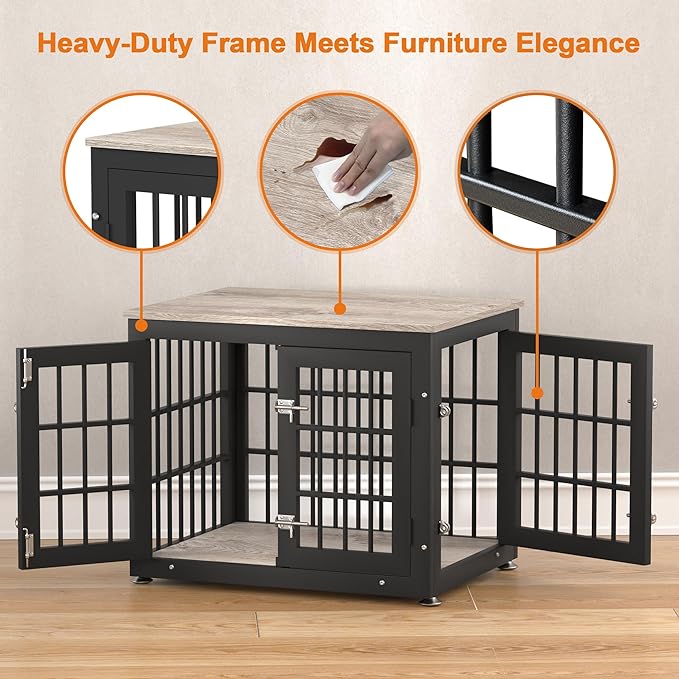 26 Inch Heavy Duty Dog Crate Furniture for Small Dogs, Decorative Pet House End Table, Wooden Cage Kennel Furniture Indoor with Double Doors, Grey