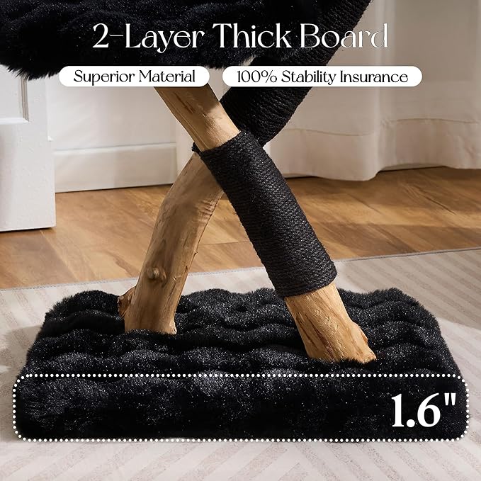 Solid Wood Cat Tree, Modern Cat Tree Tower for Large Indoor Cats, Natural Real Pear Wooden Aesthetic Cat Condo with Scratching Post for Adult Kittens-Black