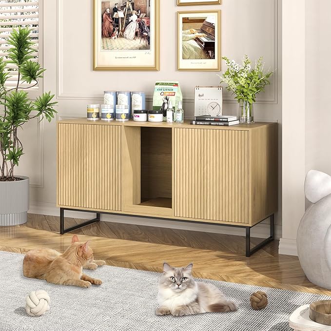 Kitty Litter Box Enclosure for 2 Cats, Small Hidden Cat Litter Box Furniture with Scratch Pad, Modern Fluted Double Litterbox Cabinet TV Stand for Kittens, Natural