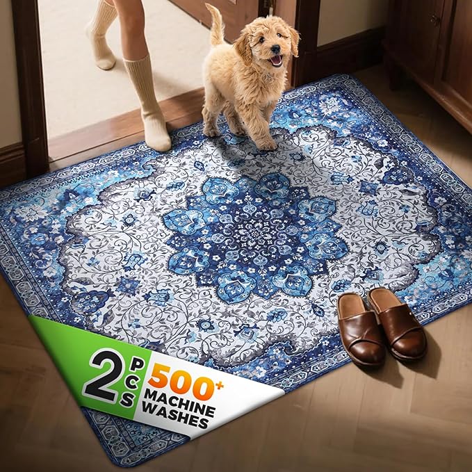 Hompet 2 Pack Super Absorbent Dog Door Mat for Muddy Paws, Washable Pee Pads for Dogs, Reusable Puppy Training Pads, Quick Dry Non-Slip Pet Entryway Rug, Leak-Proof Potty Pad for Indoor Floors 48x60