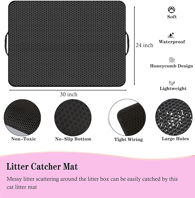 Large Cat Litter Mat - 30"x 24" Double Layer Honeycomb Kitty Litter Mat,Waterproof and Urine-Proof,Easy to Clean with Handles,Ideal Litter Trapping Mat for Cats