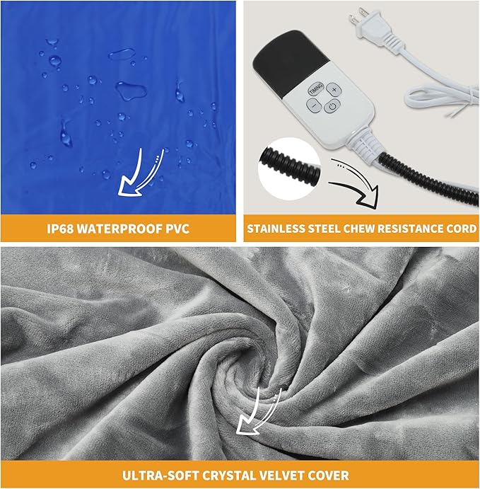 Pet Heating Pad, 9 Temperature Adjustable Electric Pet Mat with Timer, Indoor Waterproof Heated Dog Bed with Chew-Proof Cord, Grey, 18x28in