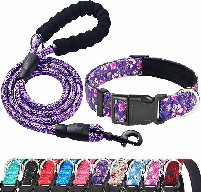 Reflective Dog Collar Padded with Soft Neoprene Breathable Adjustable Nylon Dog Collars for Small Medium Large Dogs (Medium (Pack of 1), Purple/Pink Floral Collar+Leash)