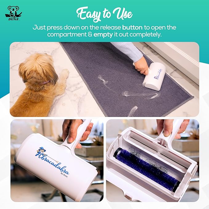 Duna Abracadabra Washable Dual Roller Pet Hair Remover – Original Size Reusable Lint Roller for Cat & Dog Hair on Furniture, Couch, Carpet, Car, Rugs & Bedding – Portable, Eco-Friendly