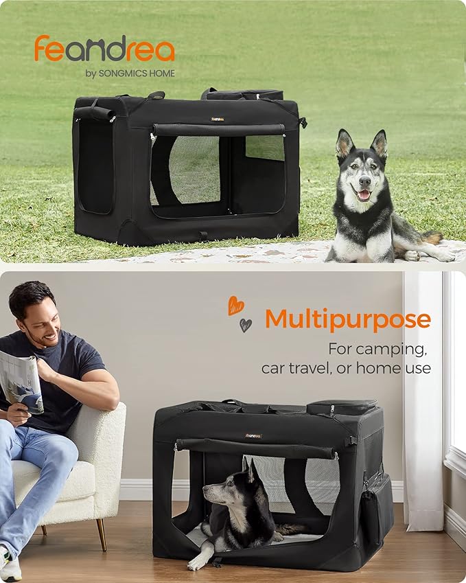 Feandrea 40 Inches Collapsible Soft Dog Crate, Portable Travel Dog Crate for Indoor and Outdoor Use, Dog Carrier Kennel with Safety Zippers, for Living Room, Car, Travelling, Camping, Black UPDC10H