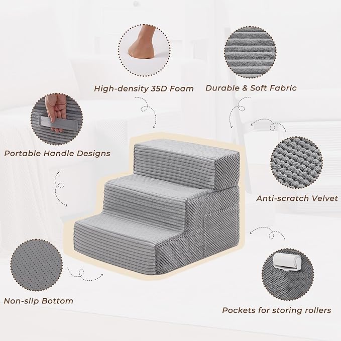 HYLEORY Dog Stairs for Bed 13.5''H, 3-Step Pet Stairs for Small Dogs & Cats, Sturdy Pet Steps with Non-Slip Bottom, Functional Portable Dog Ramp for Couch/Chair/Sofa/Car, Storage Pocket, Light Grey