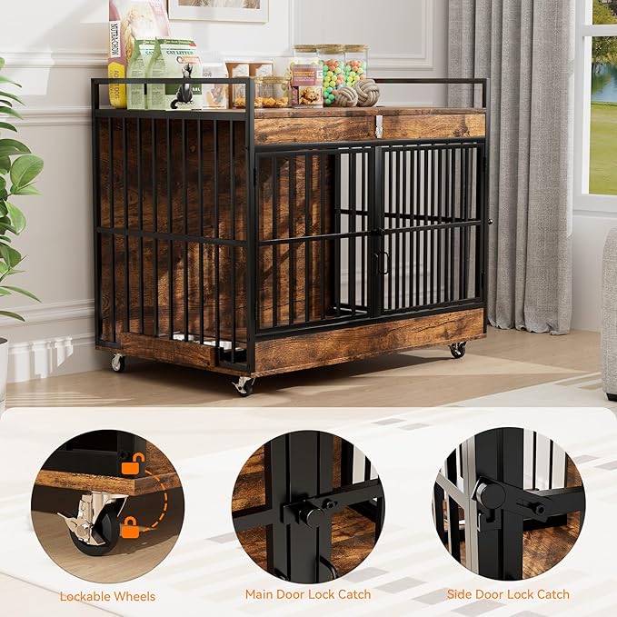 45 Inch Dog Crate Furniture for Large Dog with 2 Stainless Steel Bowls, XL Heavy Duty Dog Kennel Indoor, Large Wooden Dog Crate Table for Decorate House As TV Stand, End Table