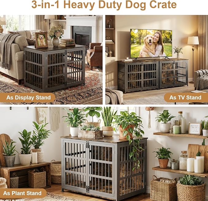 42" Furniture Style Large Dog Crate with Wheels, Metal Chew-Resistant Dog Kennel Indoor for Large & Medium Dogs, 41.9" W x 28.3" D x 31.7" H, Decorate House as TV Stand, End Table — Rustic Brown