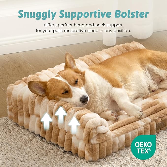 Cute Dog Bed, Faux Rabbit Fur Orthopedic Foam Dog Bed with Sides, Removable Washable Cover & Waterproof Lining, Comfortable Pet Couch for Small Dogs, Tie-Dye Brown (30" L x 20" W x 6" Th)