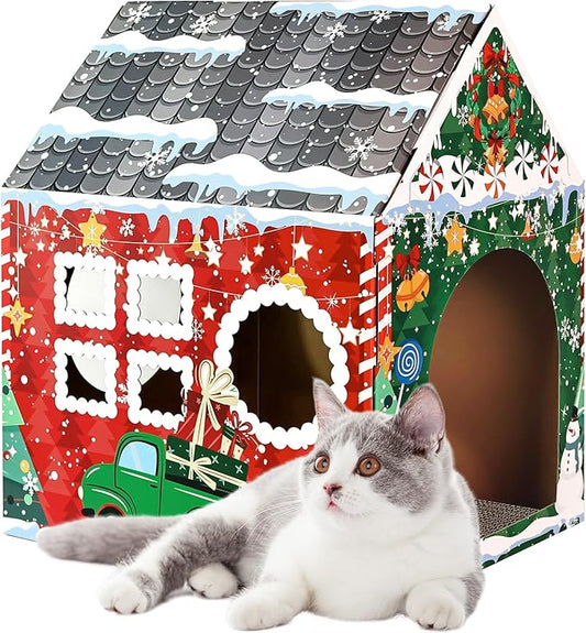 Christmas Cardboard Cat House with Scratcher 16.5"x 13"x19" Christmas Cat Scratcher House for Indoor Cats’ Birthday Large Cat Scratcher Box
