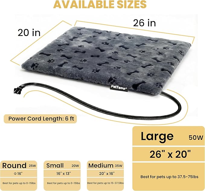 Heated Pet Pad for Dogs and Cats, Waterproof Heating Mat with Chew-Resistant Cord, Constant Warmth for Indoor & Covered Outdoor Use, Multiple Sizes and Colors (Grey, L: 26" × 20" × 1.3")