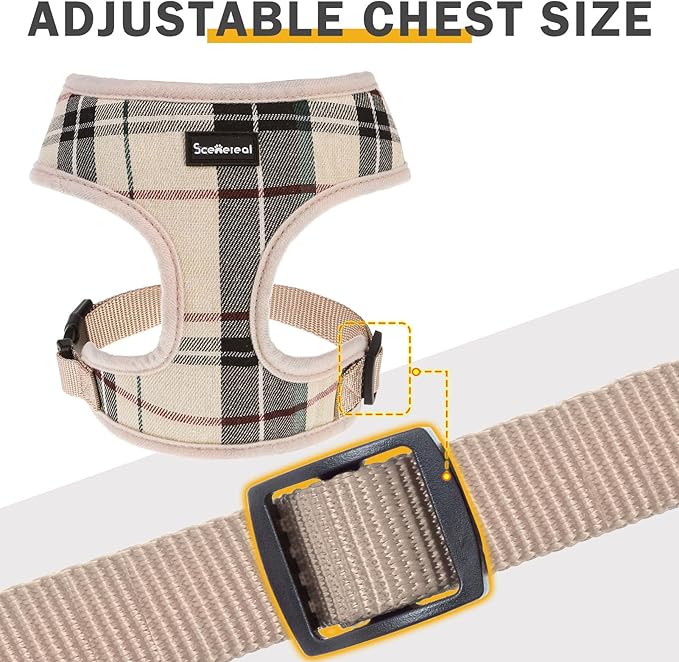 SCENEREAL Puppy Dog Harness with Leash Set for Small Medium Sized Dogs, Soft Mesh Step in Pet Harnesses and Leash, No Chock Plaid Adjustable No Pull Vest for Dogs Cats, Chihuahua,Bulldog (Beige S)