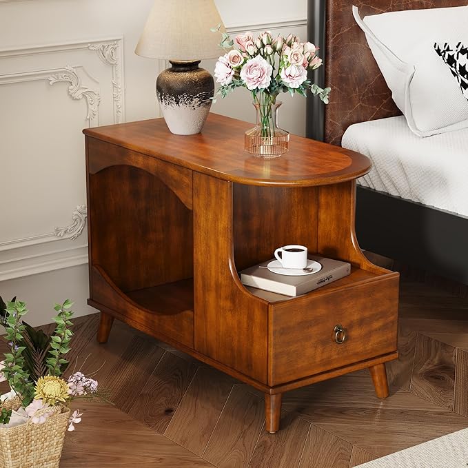 Farmhouse Cat Litter Box Enclosure End Table with Drawer and Open Space, Wood Beside Table, Hidden Litter Box Furniture,15.7" x 31.5" x 23.2" for Living Room, Hallway, Walnut Brown MGBJ-A1359-MG