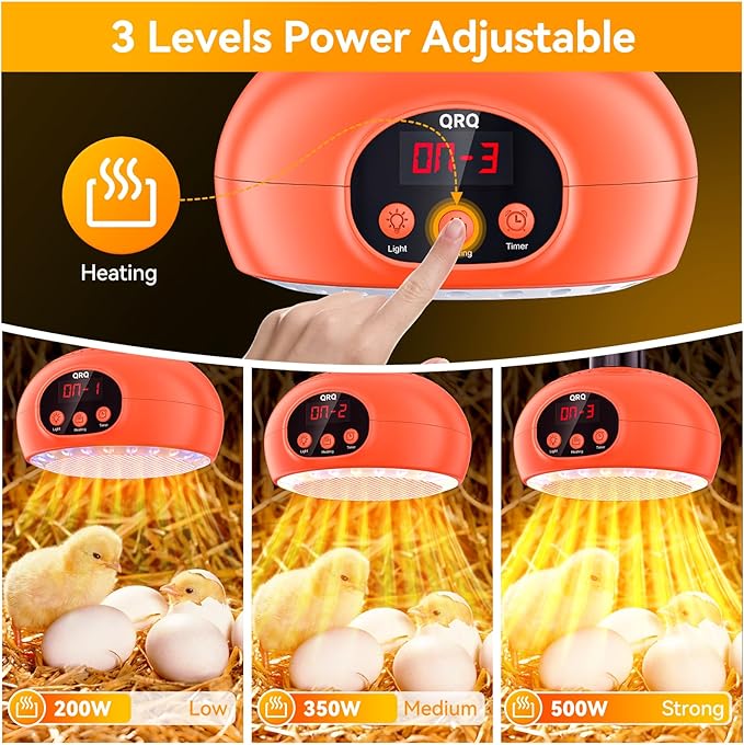 QRQ Chicken Coop Heater 200W-350W-500W Adjustment Chicken Heater with UVA UVB Ligh 3-6-9-12H Timer, Chicken House Dog House Greenhouse H-Eater Outdoor,for Dog Cats Reptile Bird (Orange)