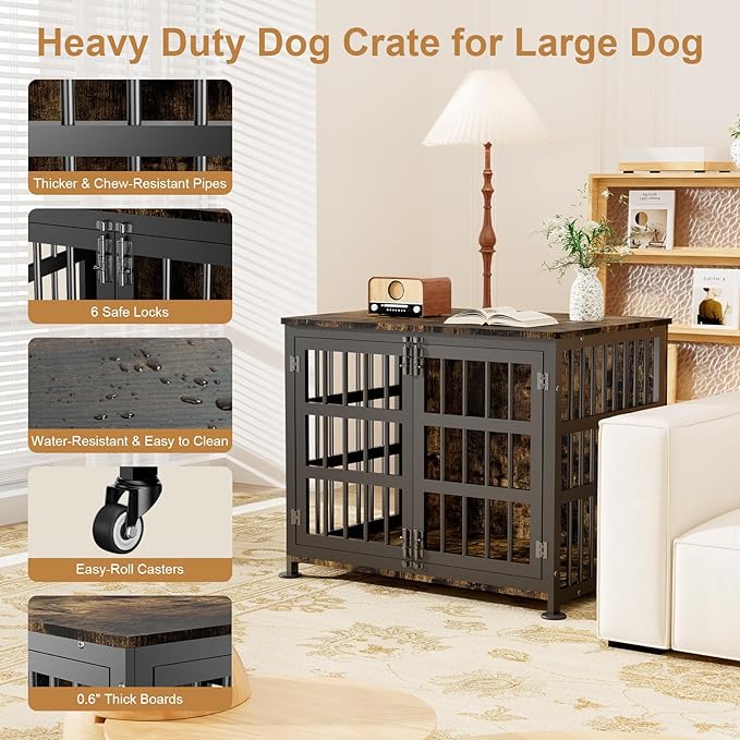 33" Dog Crate Furniture for Medium & Small Dogs with Wheels, Heavy Duty Dog Cage, Indoor Puppy Crate, Wooden Dog Kennel Table, 32.7" L x 22.8" W x 25.2" H, Decorate House as End Table — Rustic Brown