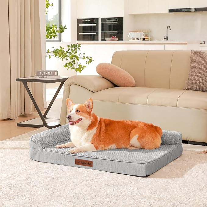 Orthopedic Dog Beds for Large Dogs, Memory Foam Dog Beds Large Sized Dogs, Washable Removable Cover, Nonskid Bottom, Waterproof, for Indoor, Outdoor, Crate ＆ Car Use, 36x27x6 Inches, Light Grey