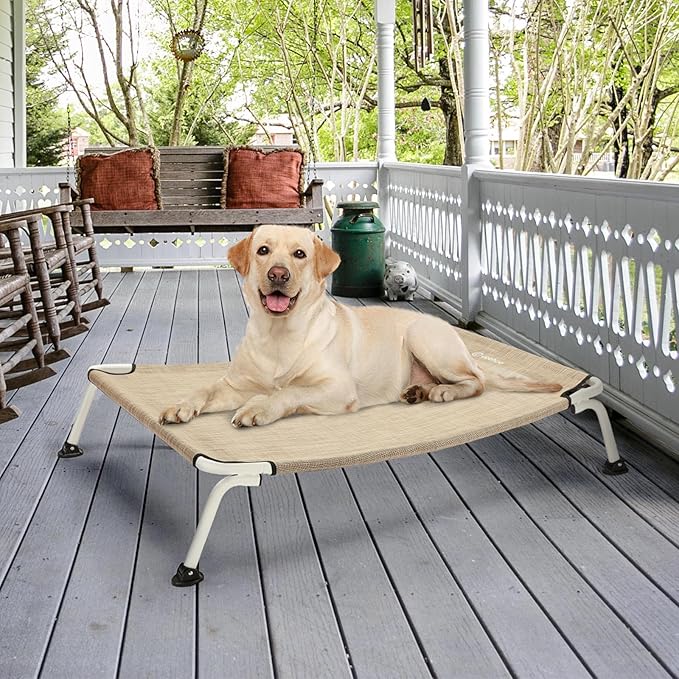 Veehoo Elevated Dog Bed for Outdoor, Cooling Waterproof Raised Dog Cots Beds for Large Dogs, Curved Off Ground Pet Hammock Cot Lifted for Outside, up to 85lbs, White Legs, Beige 42"
