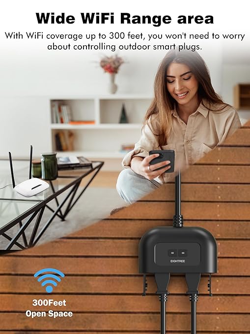 EIGHTREE Outdoor Smart Plug Waterproof IP44, Smart Outlet Plug with 2 Independently Controlled Outlets, Compatible with Alexa and Google Assistant, Voice & Remote Control, Timer&Schedule, 2.4GHz Only