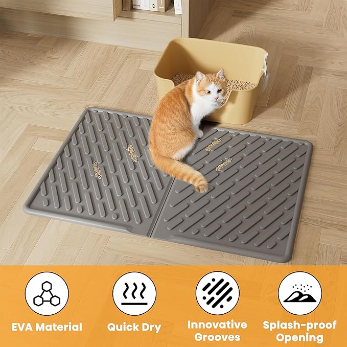 Pieviev Cat Litter Box Mat, 24"x 17" EVA Scratch Resistant Litter Trapping Mat, Easy Clean for Scatter Control, Soft on Kitty Paws, Waterproof & Urine Proof for Indoor Use, Gray