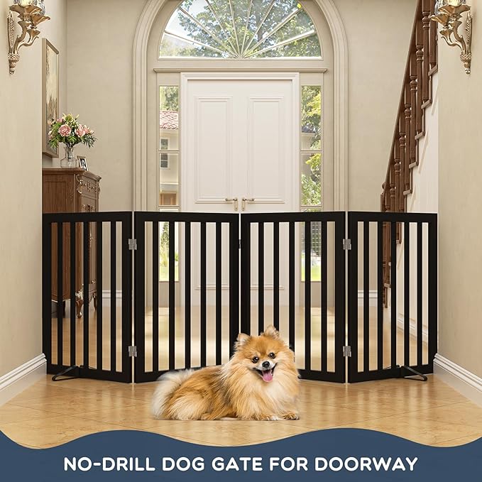 Homykic Bamboo Freestanding Dog Gate, No Assembly Pet Gate Indoor, 24”H x 75”W Extra Wide Foldable Puppy Barrier Fence with Support Feet for The House, Doorways Stairs, 4 Panels, No Drilling, Black