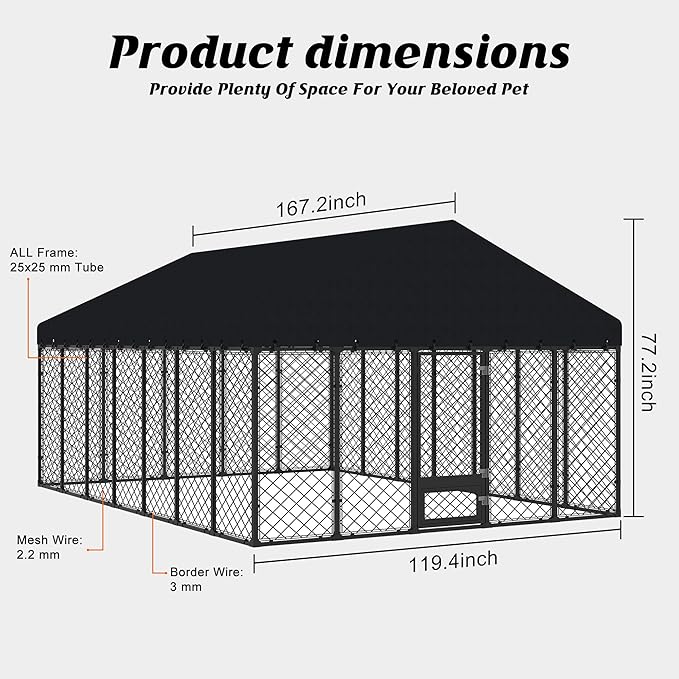 10x14FT Heavy Duty Outdoor Dog Kennel with Roof – Large Dog Enclosure & Weatherproof Dog House, Secure Metal Fence Playpen with Double Lock & Feeding Swivel Door for Big Dogs