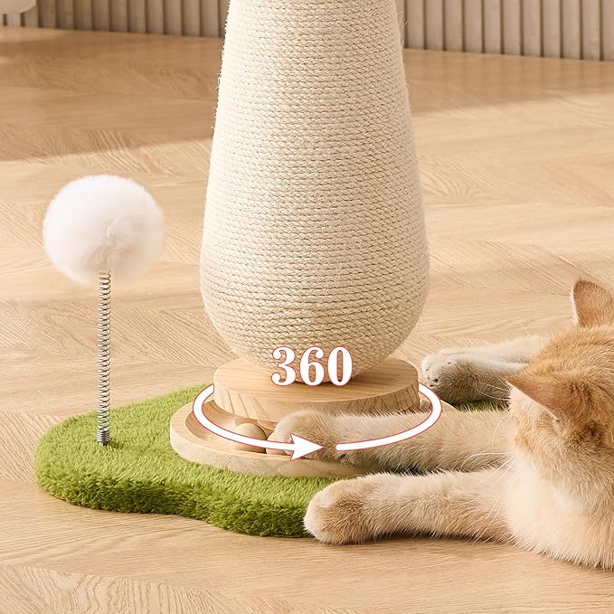 Mushroom Cat Scratching Post Cat Tree, 21.5‘’ H Cute Cat Scratcher Tower with Durable Solid Wood Turntable Toy, Lemon Yellow Mushroom Scratch Post Cat Sisal Scratcher with Catnip for Indoor Cats